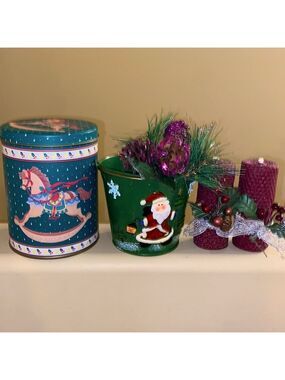 Holiday bundle. Tin, bucket with greenery and two handmade beeswax candles.